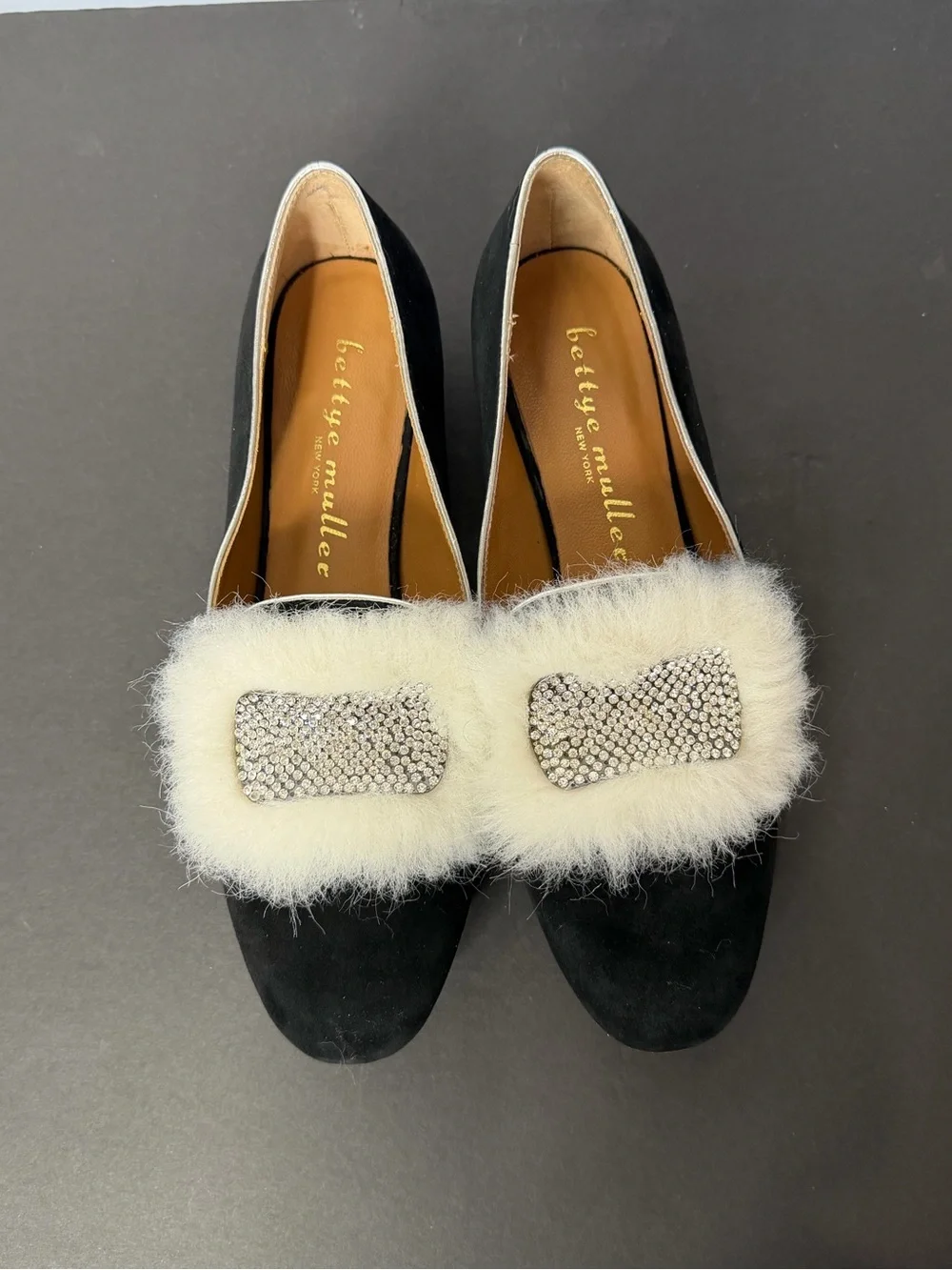 bettye muller Black Suede Flats with White Fur Pom and Crystal Accent